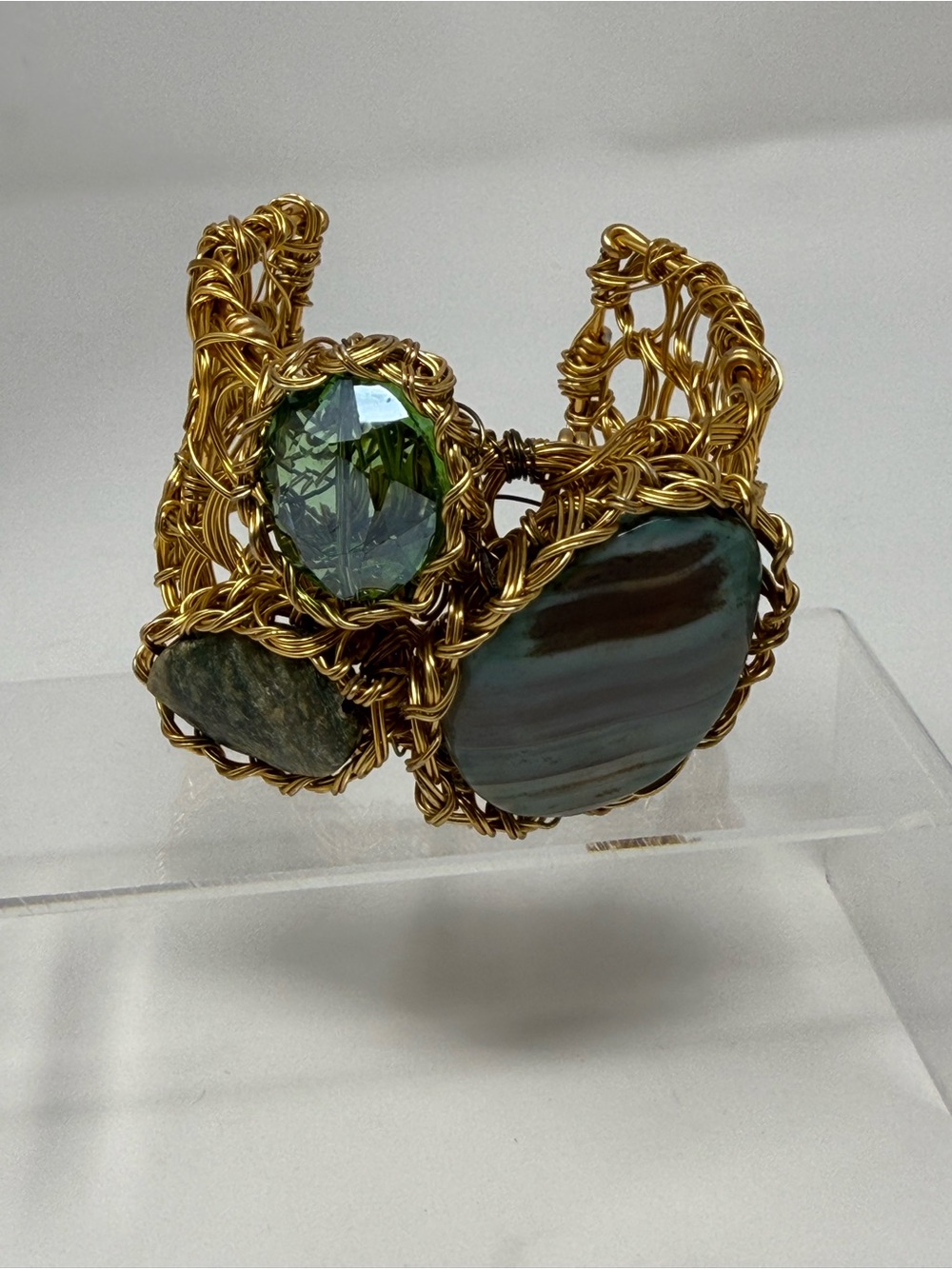 Handcrafted Gold Wire Cuff Bracelet with Green Gemstones